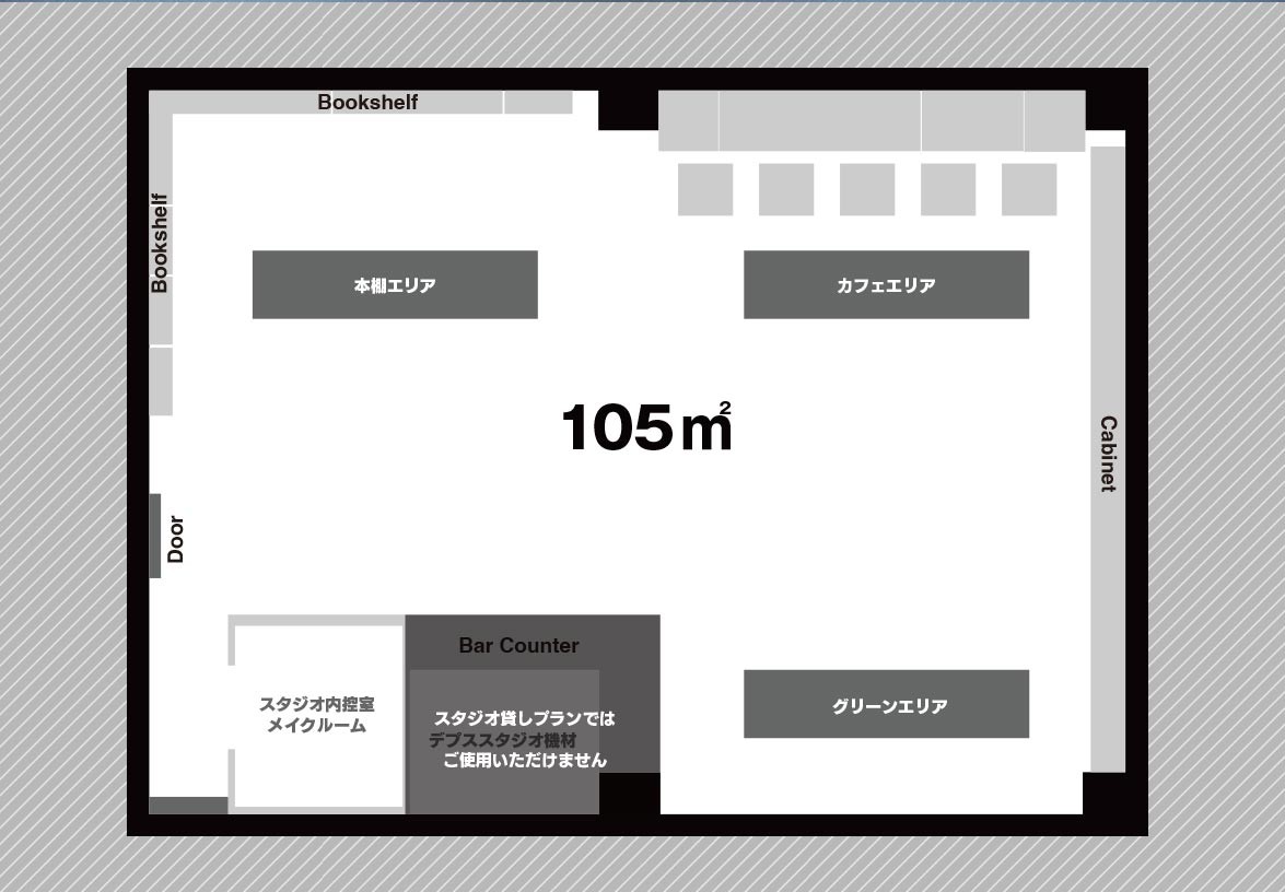 デプススタジオ新中野の平面図（105㎡）。本棚エリア、カフェエリア、グリーンエリア、スタジオ内控室の配置