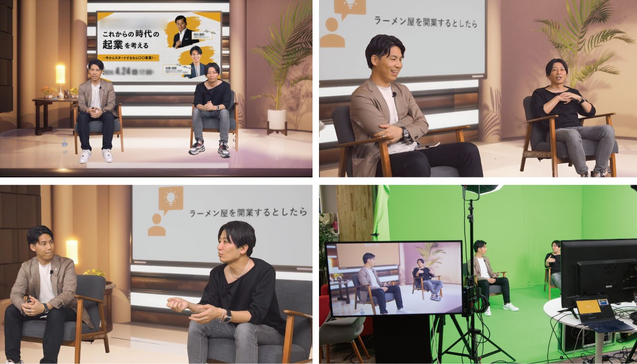 バーチャルスタジオの事例。2人の出演者を、スタジオ風の3D背景に合成した映像と、グリーンバックでの収録の様子